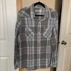 ReCLAIM Western Cowboy Pearl Snap Long Sleeve Gray Blue Shirt